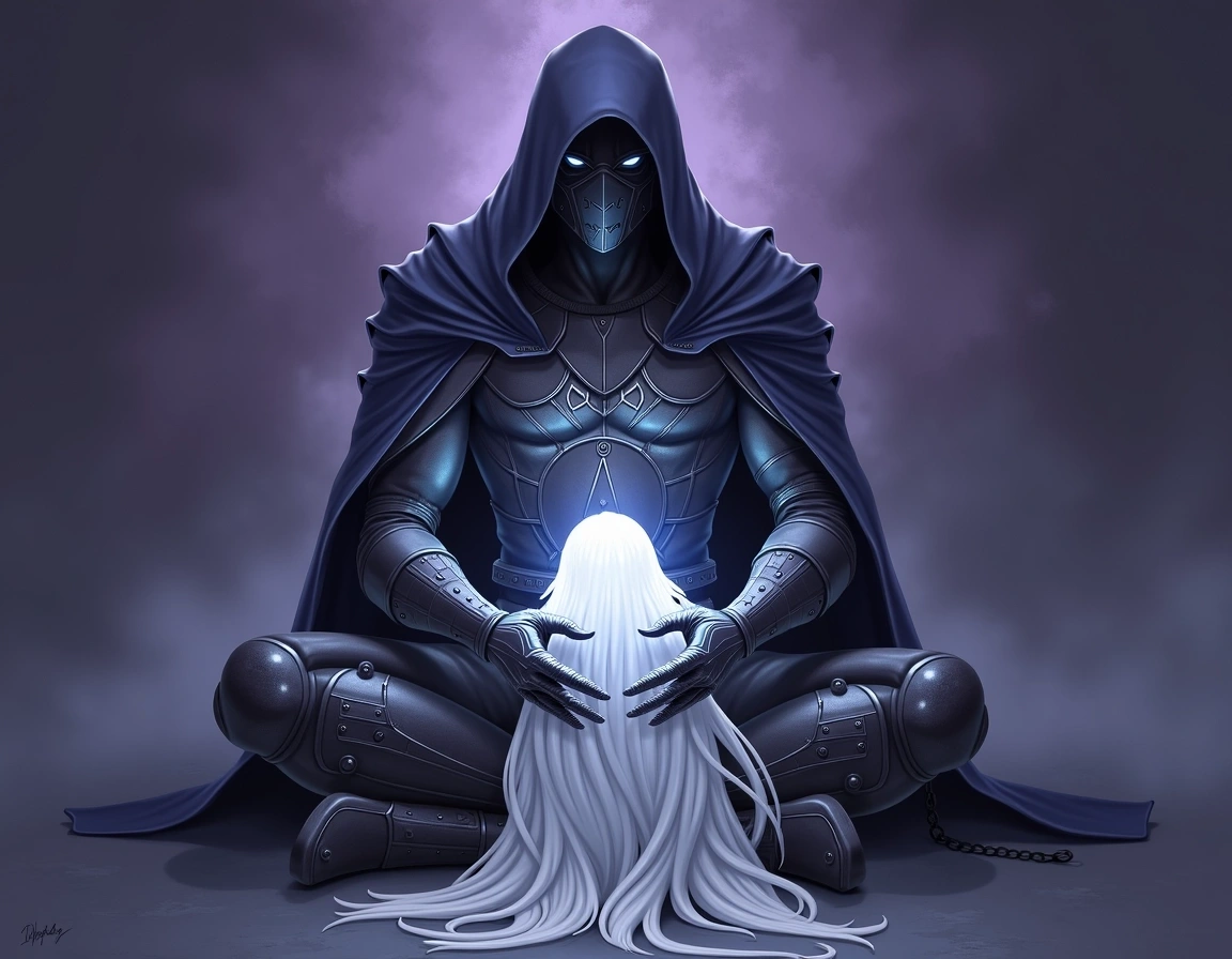 **Design Breakdown Prompt:**
Create an artwork featuring a cloaked warrior with a masked face, sitting in a contemplative pose. The background should have a gradient of deep purple and blue, creating a mystical atmosphere. The warrior should embrace a luminous spirit or ethereal figure with flowing hair, depicted in white and silver tones. The warrior’s armor should retain angular, geometric shapes, but introduce intricate engravings to add texture. Remove any logos or brand references. Aim for a style that blends realism with a touch of fantasy, focusing on color contrast and emotional depth.