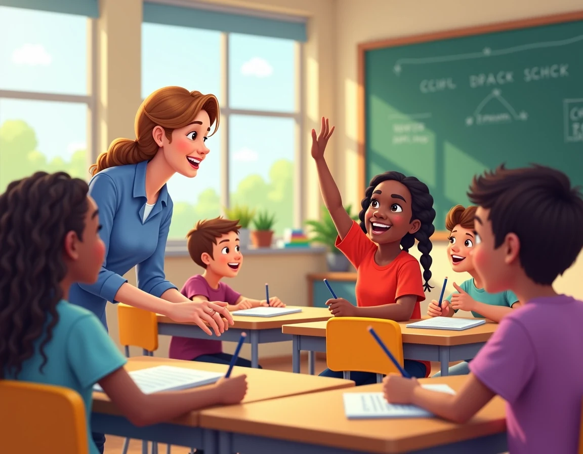 **Prompt for a New Image Design:**
Create an illustration of a classroom scene where a teacher engages with a student. The classroom should have large windows allowing natural light, and a chalkboard (or whiteboard) in the background. The teacher, a middle-aged person with light brown hair, smiles warmly while leaning toward a student who is enthusiastically raising their hand. The student has dark, braided hair and is wearing a bright red shirt.
Instead of traditional wooden desks, use modern, rounded tables with colorful chairs. The students' attention should be split; some are facing the teacher while others are involved in their own activities, like reading or writing. Add vibrant educational posters on the walls to enhance the learning environment. Replace any visible brand elements with generic designs, such as simple shapes and patterns on the student’s bags and notebooks.