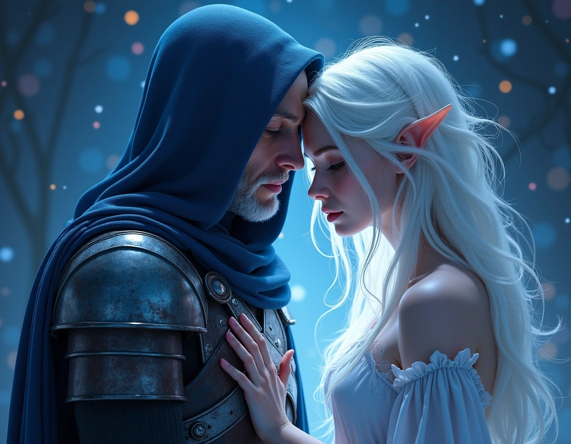 Create an image featuring a cloaked warrior with a distinct, metallic helm. Instead of a dark color palette, use shades of blue and silver. The warrior should be leaning against an ethereal figure that exudes light, with flowing hair and a serene expression. The background should showcase a starry sky, and the overall tone should convey a sense of calm and a connection between the two characters.