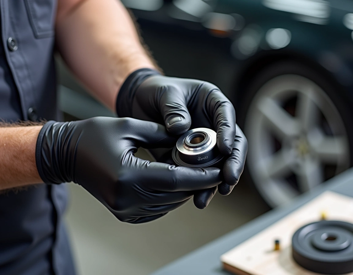 A person wearing black gloves holds a mechanical component with an integrated circular part. The setting is a car workshop, with a blurred vehicle in the background, emphasizing the action. Instead of focusing on brand features, the mechanical part should have a more generic design, perhaps with a different shape or texture. The workspace should be well-lit, showcasing tools and parts on a nearby surface, but without any identifiable brand logos or markings. The individual can wear a plain long-sleeve shirt, maintaining a neutral color scheme.