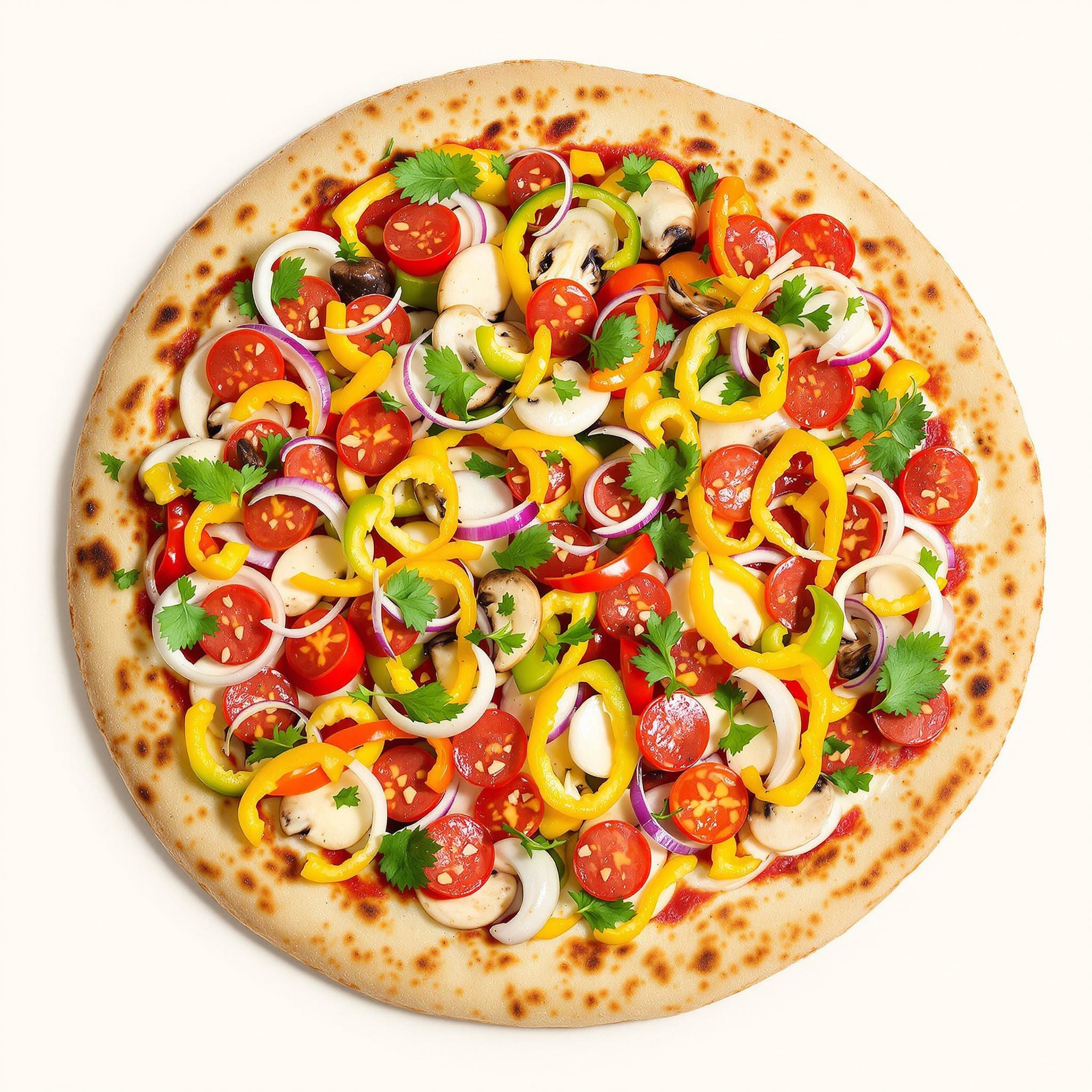 Create an image of a round flatbread topped with a mix of vibrant vegetables such as bell peppers, onions, and mushrooms instead of pepperoni. The crust should be thicker and golden-brown, with a sprinkle of herbs on top. The background should be a plain, light color to emphasize the colorful toppings. Remove any brand references or logos.