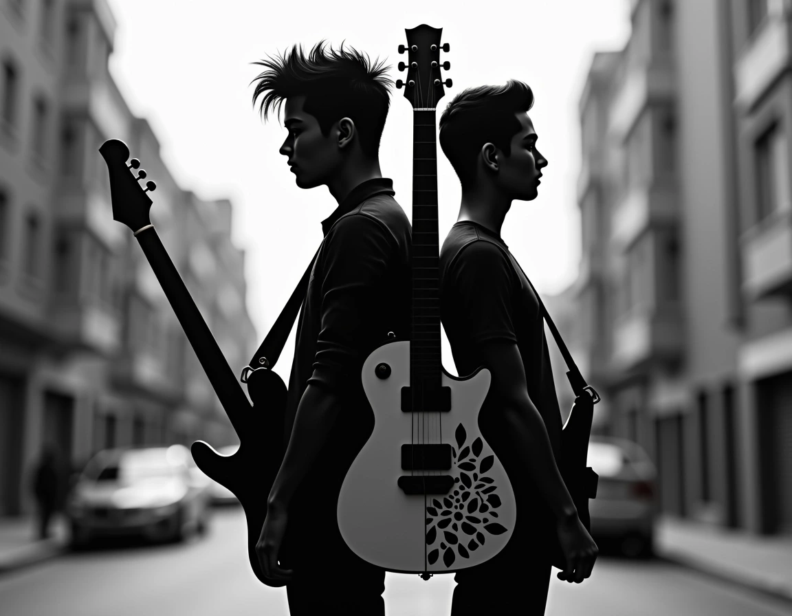 Create an image featuring a silhouette of a person standing back-to-back with a guitar. The guitar should be designed with a contrasting split color scheme, half in black and half in white. Instead of any text or logos, incorporate abstract shapes or patterns on the body of the guitar. The background should be a blurred urban setting in grayscale to emphasize the figure and the guitar. The person should have a unique hairstyle and pose, emphasizing individuality without revealing specific brand references.