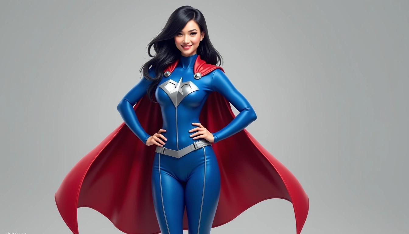 Design a superhero costume featuring a sleek, form-fitting outfit in vibrant blue with subtle silver accents. The costume should have a unique emblem on the chest that resembles a stylized star. Include a flowing red cape attached at the shoulders for dramatic effect. The character has long, straight black hair and is posing confidently with a playful wink. The background should be a neutral gray to highlight the costume. Avoid any brand references.