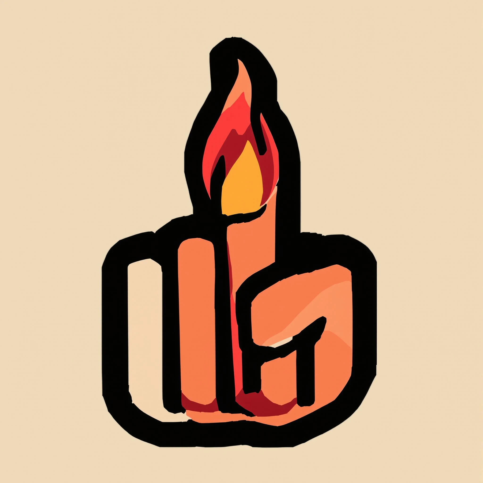 Create a design featuring a stylized hand shape with fingers curled inward, resembling a fist. Instead of a pointed middle finger, depict an abstract flame shape rising from the top. Use bold black outlines for the fingers and flame, but fill the interior with a gradient of deep red to bright orange. Ensure the background is a soft beige to create contrast, and remove any brand elements or references.