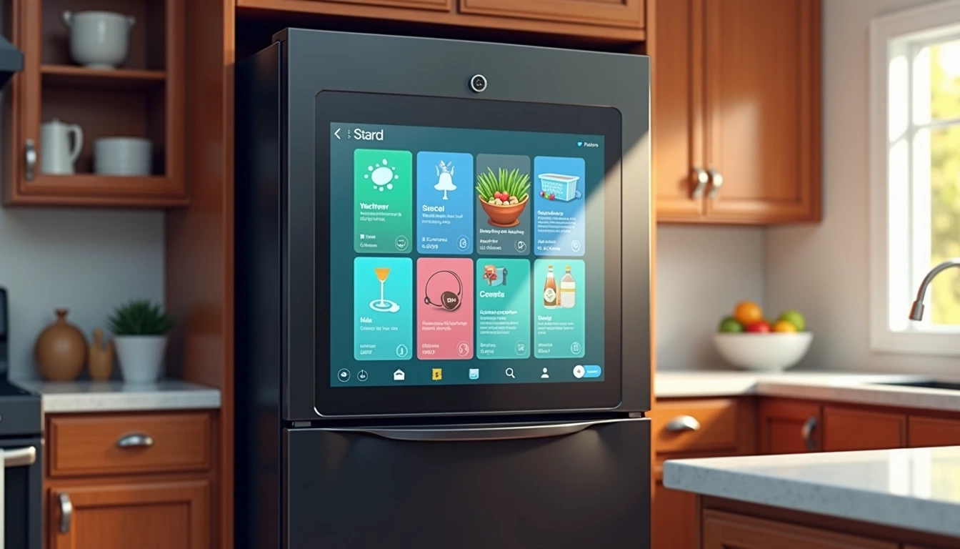 **Design Breakdown: Smart Refrigerator Interface**
1. **Body Style:**
- Retain a sleek and modern stainless steel finish but change the color to matte black for a contemporary look.
2. **Screen:**
- Replace the existing screen with a larger, edge-to-edge LED touchscreen that integrates more chromatic options. Instead of showing weather and calendar, it displays customizable user widgets for recipes, grocery management, and meal planning.
3. **Control Panel:**
- Modify the control buttons to a touch-sensitive panel below the screen, enhancing the aesthetic and functionality.
4. **Layout:**
- Rearrange the widget layout into a grid format, allowing for a more intuitive user experience, with vibrant tile designs and a minimalistic toolbar at the top.
5. **Additional Features:**
- Introduce voice activation capabilities for hands-free control, and add a small camera on the front for virtual grocery shopping assistance.
6. **Background:**
- Change the background color of the screen to a soft gradient for a welcoming touch when active.
7. **Context:**
- Illustrate the fridge in an upscale kitchen setting, featuring wooden cabinets and an island countertop, placing more emphasis on a family-oriented atmosphere.
This revised design emphasizes functionality while maintaining a modern aesthetic.