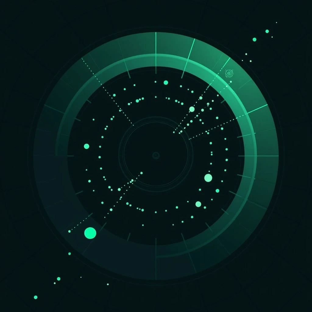 Create an image of a circular monitoring interface with a dark background. The circular design features a series of concentric circles and a sweeping arc that scans the interior. Modify the color scheme to use shades of green instead of blue, and replace the distinct dots with various abstract shapes scattered within the circles. Include a subtle grid pattern in the background for depth, and remove any reference to brand logos or names.