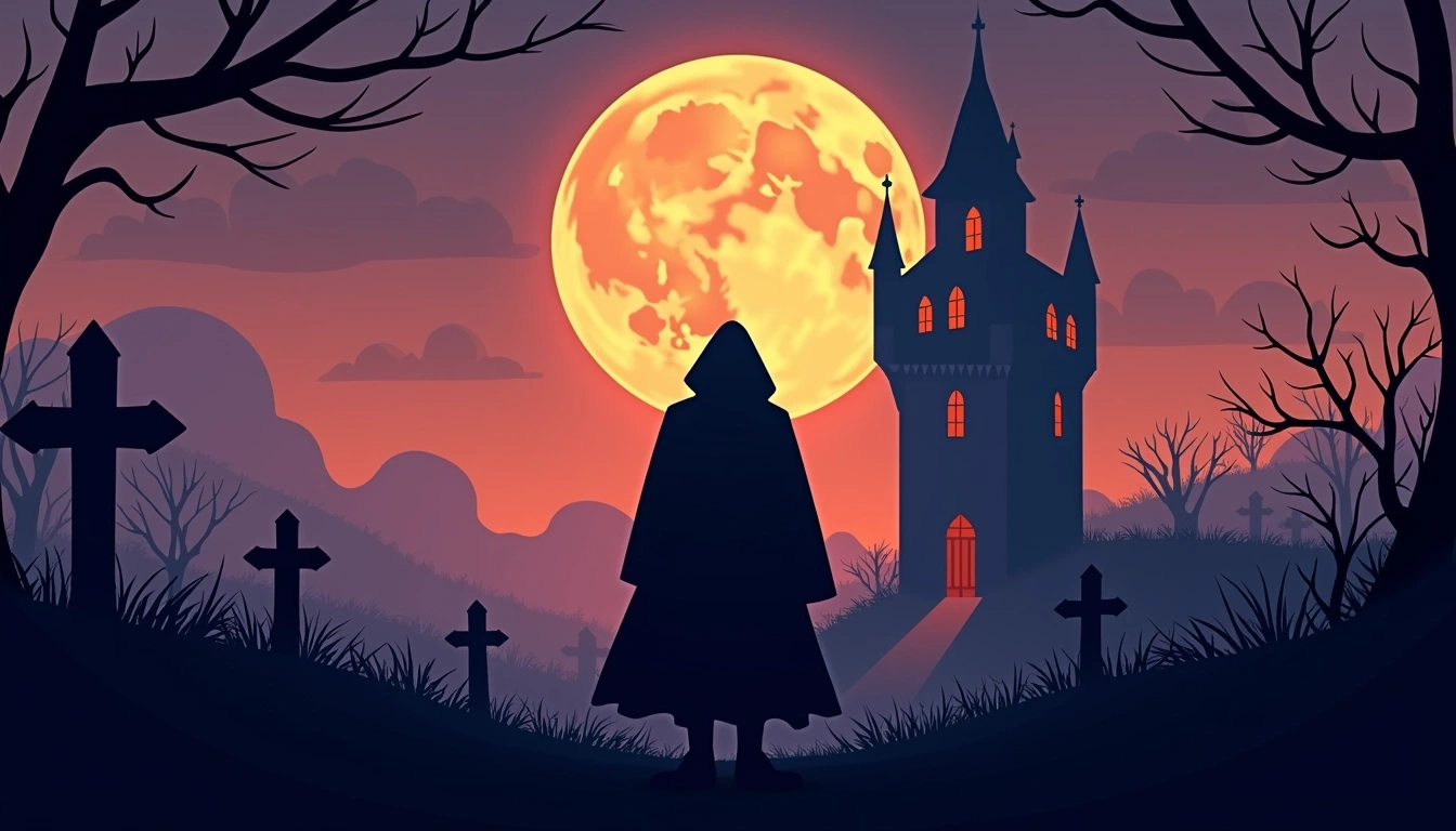 Design a nighttime scene with a silhouette of a hooded figure standing in front of a gothic-style tower. Replace the grid pattern with a full moon behind the tower, and remove any brand references. Instead of gravestones, incorporate abstract shapes or outlines scattered across the foreground, and use a color palette of deep purples and oranges for a spooky atmosphere. Add mysterious vines in the corners to enhance the eerie vibe.