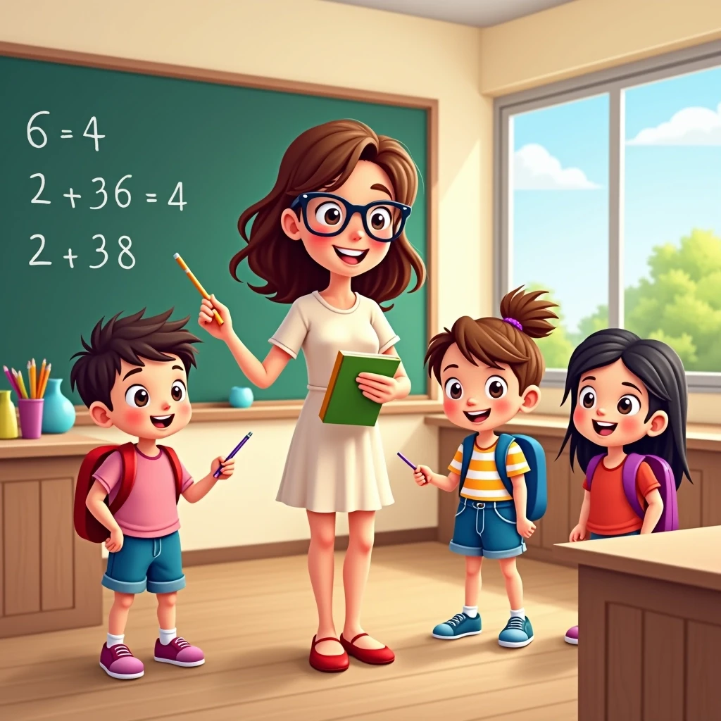 Create an illustration of a cheerful classroom scene featuring a friendly teacher and three students. The teacher, a woman with shoulder-length brown hair, wears a light-colored dress and glasses. She holds a pointer in one hand and a book in the other.
The students include a boy with short dark hair wearing a pink shirt and blue shorts, a girl with brown hair in a striped shirt and denim skirt, and another girl with black hair in a red shirt and backpack.
The classroom should have a large chalkboard displaying simple math equations, a desk with colorful stationery, and a window showing a sunny day outside. Remove any specific brand elements or identifiers.