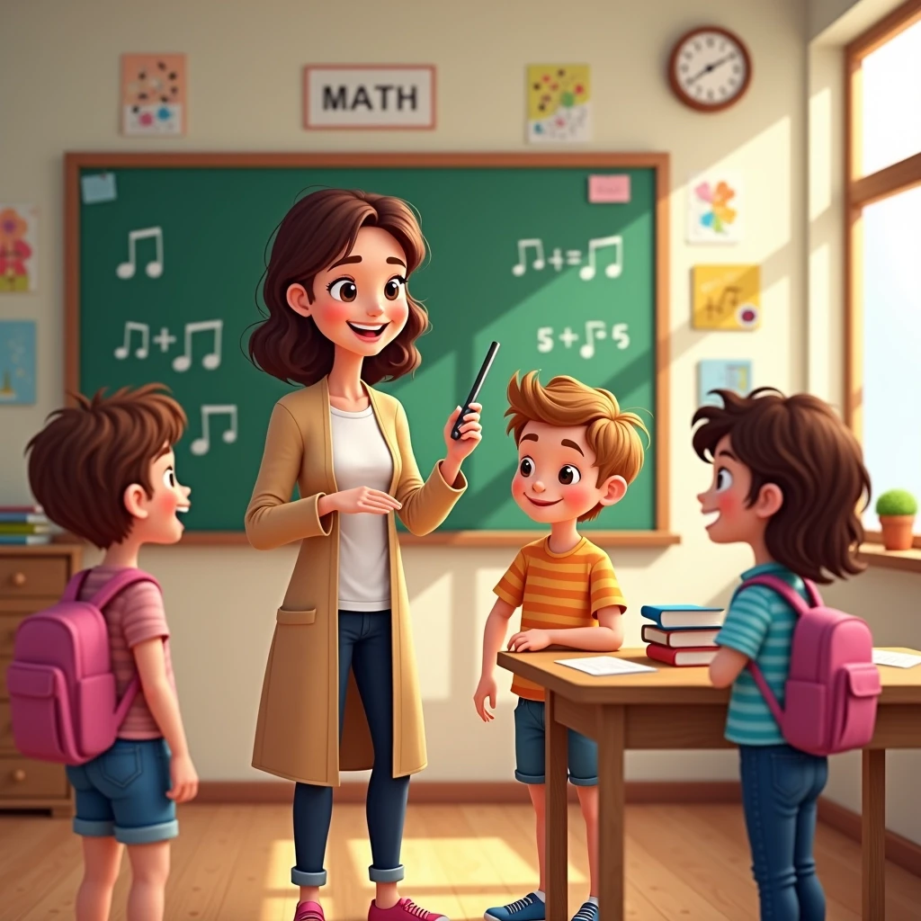 Create an image featuring a friendly teacher in a cozy classroom setting. The teacher, a woman with shoulder-length hair, wears a long cardigan and holds a pointer while engaging with three cheerful children.
The children, one boy and two girls, stand next to her. The boy has short hair and wears a pink shirt with denim shorts. One girl has curly hair with a striped blue shirt and a skirt, while the other girl has straight hair and a pink backpack.
The classroom is decorated with colorful drawings, a wooden desk with books, and a green chalkboard with simple math equations instead of music notes. A clock is visible on the wall, and sunlight streams in through a window, brightening the space.