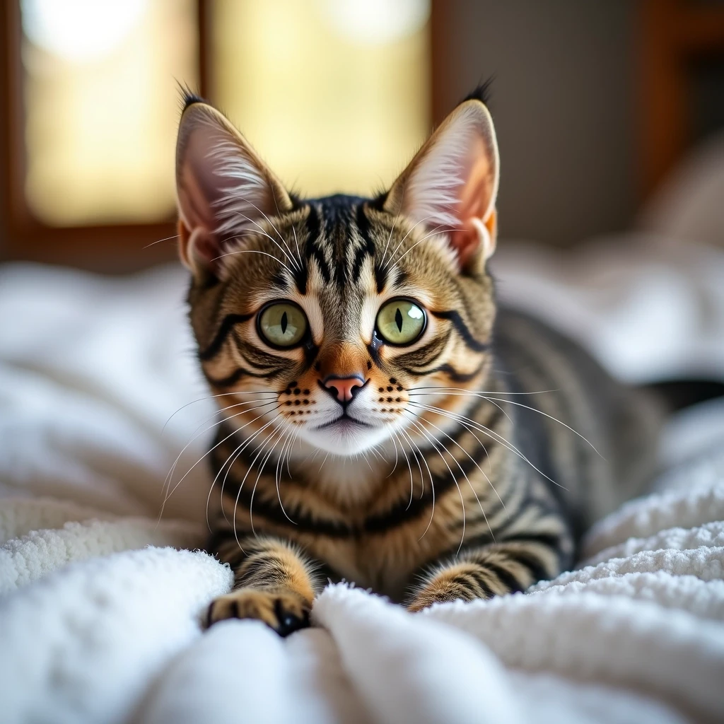 Create an image featuring a playful brown tabby cat with bright green eyes, lying on a white blanket. The background should be softly blurred to emphasize the cat, with warm, natural light coming from a nearby window. The cat should have a slightly tilted head and a curious expression, showcasing its whiskers and fur texture. Remove any brand references and capture the cozy, inviting atmosphere of a home setting.