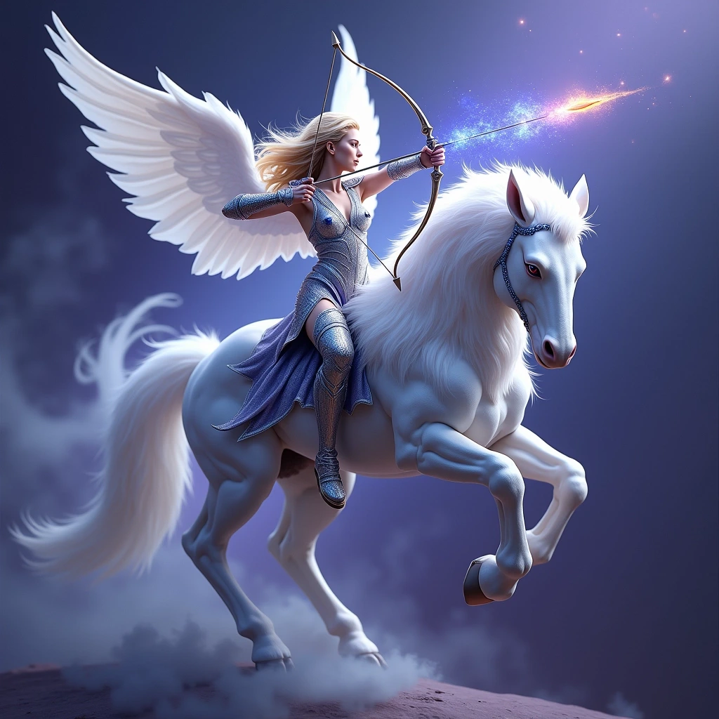 Create an image of a celestial warrior mounted on a majestic creature. The warrior is adorned in sleek silver armor with intricate patterns and radiant sapphire accents. Instead of wings, the creature has flowing ethereal smoke trailing behind it. The warrior wields a shimmering bow, aiming an arrow with energy radiating from it. The background should be a gradient of deep purple to blue, enhancing the mystical atmosphere.