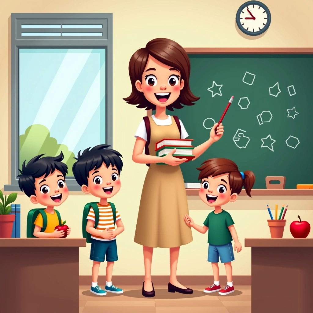 Create an illustration of a cheerful female teacher in a classroom setting. She is standing next to three young students. The teacher has short brown hair and is wearing a long beige dress. She holds a pointer in one hand and a stack of books in the other.
The three students, two boys and a girl, are smiling. One boy has short black hair and a green backpack, while the other has wavy brown hair and a striped shirt. The girl has straight black hair and is wearing a blue skirt.
The classroom features a chalkboard filled with shapes and numbers, a large window with a view outside, a clock on the wall, and a desk with books, a pencil holder, and an apple. The overall color scheme is bright and inviting, enhancing a friendly school atmosphere.