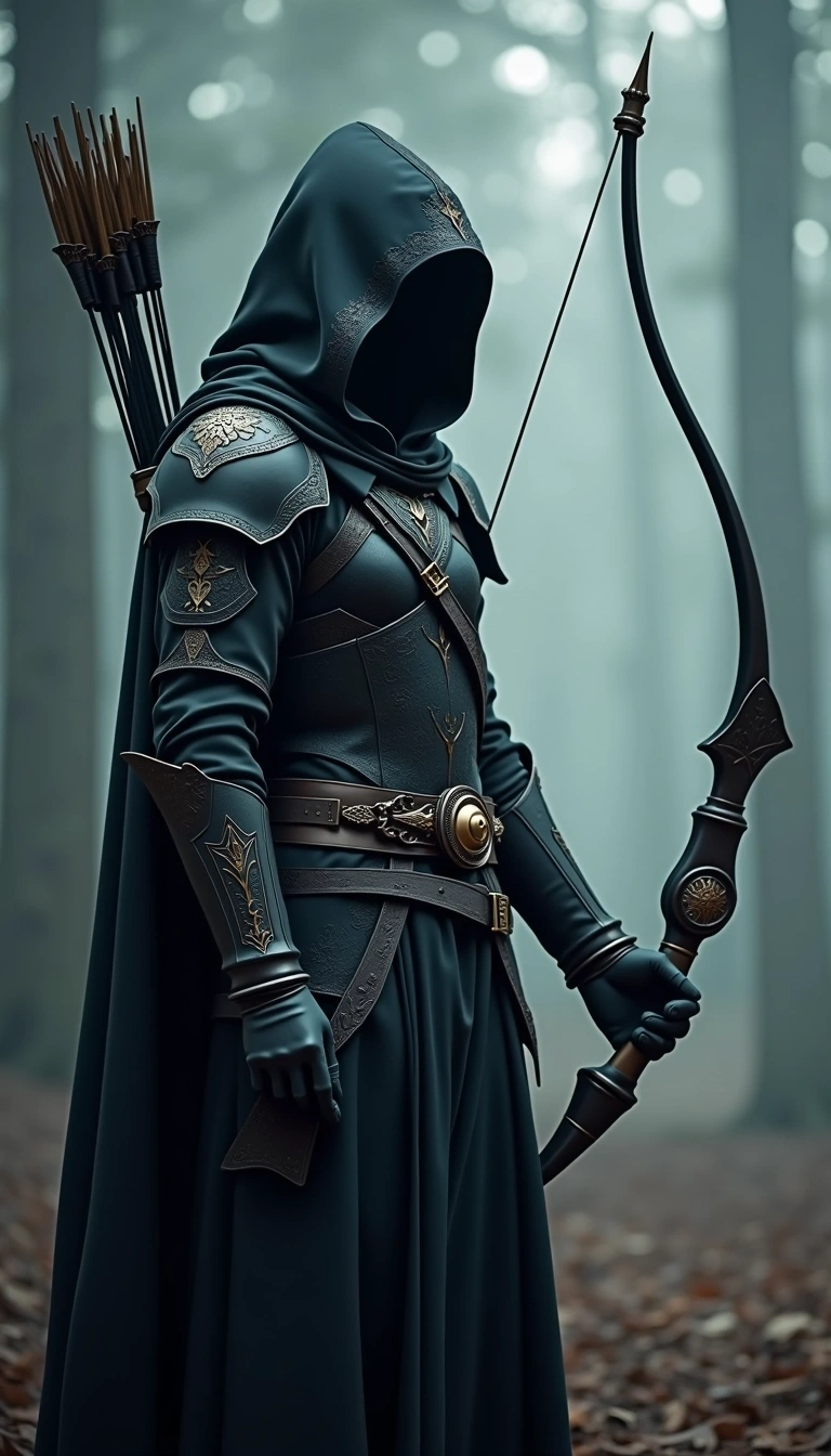 Create an image of a hooded archer standing in a dramatic pose, holding a sleek, stylized bow. The figure should wear dark, ornate armor adorned with intricate patterns, featuring a belt with a unique emblem. The background should be a misty, ethereal forest scene, with faint lights shimmering in the air. Remove any distinctive brand references and ensure the overall tone is mysterious and regal.