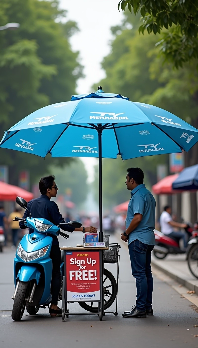 Design Breakdown Prompt:
Create an outdoor kiosk scene where two individuals are gathered under a large, bright blue umbrella. The umbrella should feature a generic pattern instead of brand logos.
Replace the motorcycle with a bicycle parked next to a small table where promotional materials are displayed. The sign should advertise a "Welcome Offer" in bold letters, highlighting "Sign Up for Free!" and include a tagline like "Join Us Today!"
The background should depict a busy street setting with trees lining the sidewalk, but eliminate any specific company references or identifiable buildings. The overall atmosphere should convey a friendly, casual vibe.