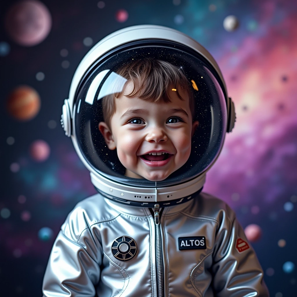 Create an image featuring a young child wearing a futuristic space helmet that resembles a glass dome, reflecting stars and distant galaxies. The child is dressed in a bright, metallic silver space suit with abstract patterns instead of any brands or logos. The background should depict a colorful cosmic scene filled with vibrant nebulae and various planets, with a deep space black and purple gradient. The child should have an expression of wonder and excitement, capturing the essence of exploration.