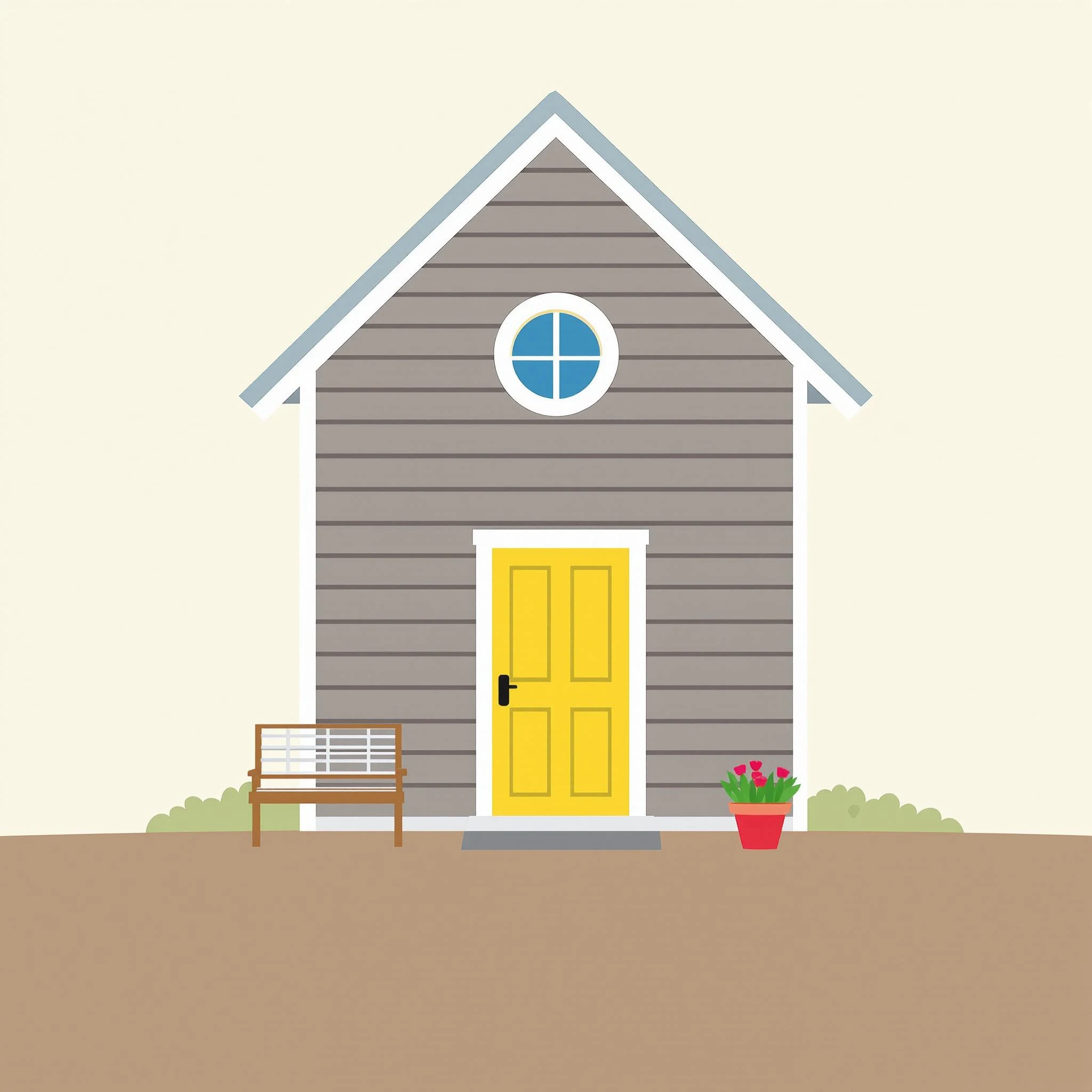 Design a simple house illustration with the following features:
1. Change the color of the roof to a light blue.
2. Use a darker shade of gray for the siding.
3. Replace the round window with a rectangular window above the door.
4. Add a small garden bench on the left side instead of the right.
5. Use a vibrant yellow for the front door instead of red.
6. Include two small flower pots on each side of the door.
Ensure the background remains a soft beige for contrast.