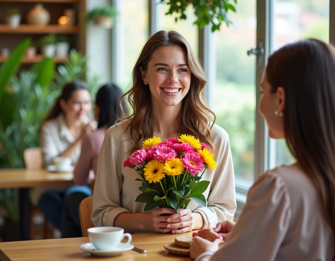 Create an image of a smiling woman holding a colorful bouquet of flowers in a bright, cozy café. The background features natural light streaming in through large windows, with green plants adorning the space. Two other women are engaged in conversation at a wooden table, while the table in front of the main subject holds a cup of tea and a small wooden plate. The woman is dressed casually in a light-colored top, with soft, flowing hair, radiating warmth and joy.