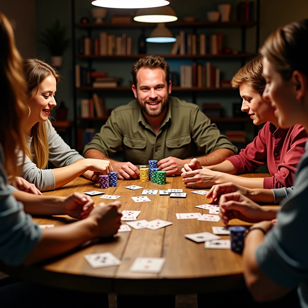 **Design Concept:**
- **Setting:** A rustic wooden table in a cozy, dimly-lit room with a warm atmosphere. The background has subtle decor elements like shelves with books and soft lighting fixtures.
- **Participants:** Six diverse individuals, both men and women, engaged in an intense card game. Their expressions range from concentration to amusement.
- **Game Elements:**
- **Cards:** Non-branded playing cards, with personalized designs or symbols, scattered on the table.
- **Chips:** Colorful poker chips in various sizes; include colors like blue, green, yellow, and purple, arranged in stacks and scattered.
- **Layout:**
- The table is cluttered but organized, with larger stacks of chips positioned strategically, and cards laid out to indicate the game's progression.
- Hands are visible, some holding cards or chips, showing active participation in the game.
- **Lighting:** Soft, ambient light casting gentle shadows, enhancing the warm and inviting feel of the gathering.
- **Overall Mood:** A sense of camaraderie and tension, highlighting the competitive yet friendly nature of the game.