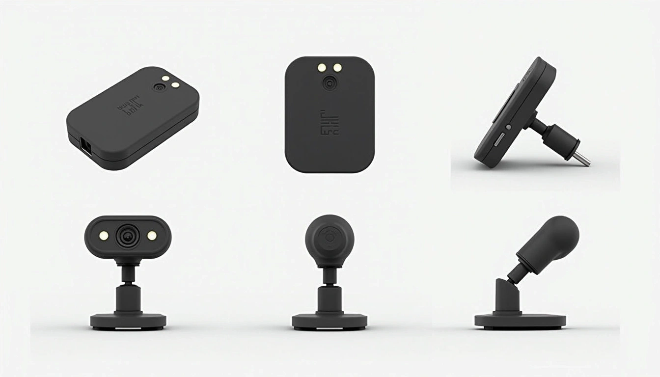 **Design Breakdown:**
1. **Top View:**
- Shape: Slightly rounded rectangular in form.
- Features: A single USB-C port placed centrally at the bottom; surface textured for grip.
2. **Front View:**
- Shape: Small, square with rounded corners.
- Features: A circular lens surrounded by four smaller LEDs for illumination.
3. **Side View:**
- Length: 7cm (approx. 2.8in), height: 2.5cm (approx. 1in).
- Features: A sleek profile with a minimalist design; one side has a SD card slot and a reset button.
4. **Base:**
- Shape: Wider rectangular base with a slight incline for stability.
- Features: Adjustable swivel mount for optimal positioning.
5. **Dimensions:**
- Height: 6.2cm (approx. 2.5in).
- Adjustable mount with a compact locking mechanism.
**Changes:**
- Color: Change to matte black.
- Remove visible brand logos and labels.
- Replace USB-C port with a traditional micro USB port.
- Alter the design of the circular lens to a more oval shape.