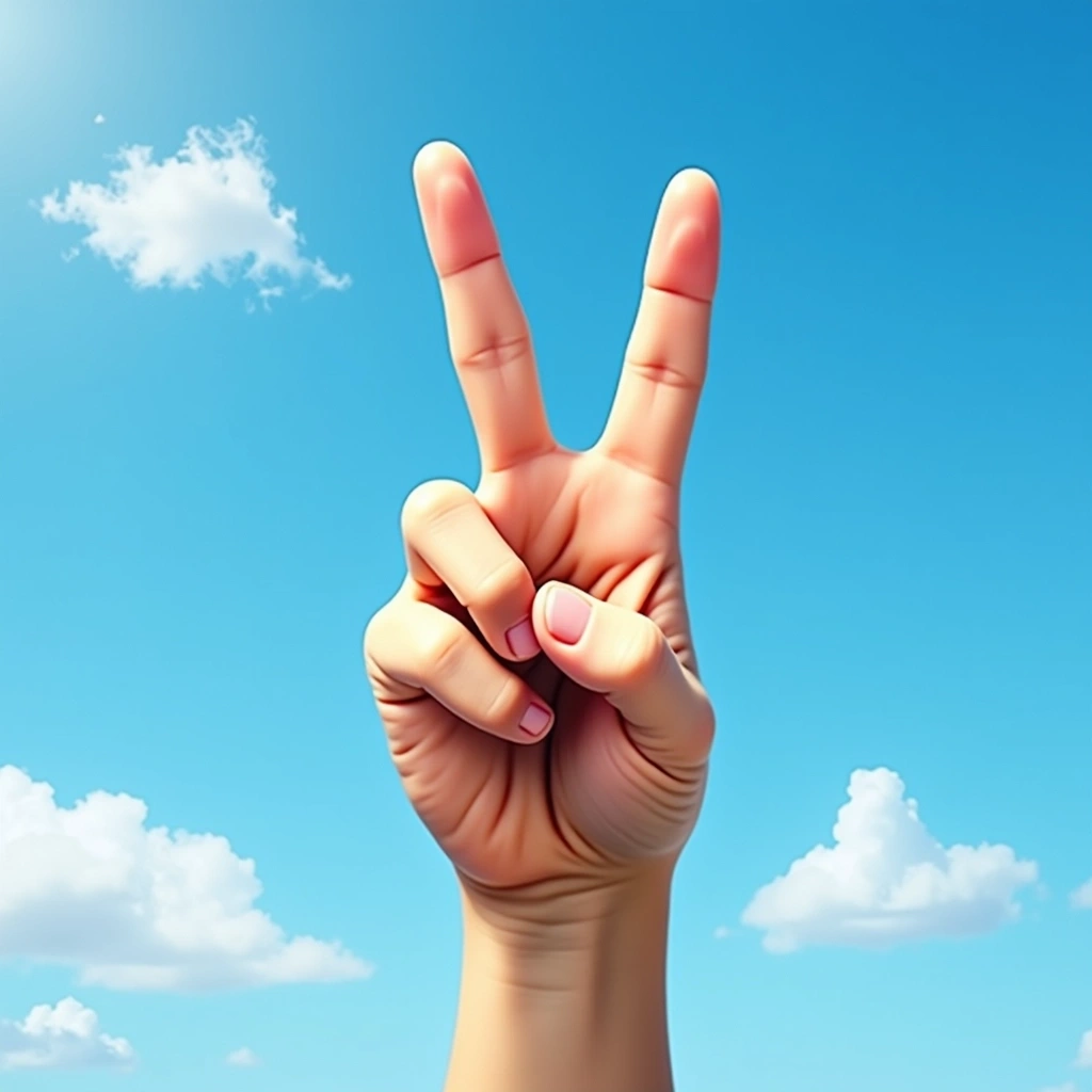 Create an image featuring a hand raised towards a clear blue sky, with a peace sign instead of a thumbs-up. The hand should be depicted with a light tan skin tone, and the background should showcase a few wispy, white clouds scattered throughout the sky. Avoid any brand references or logos.