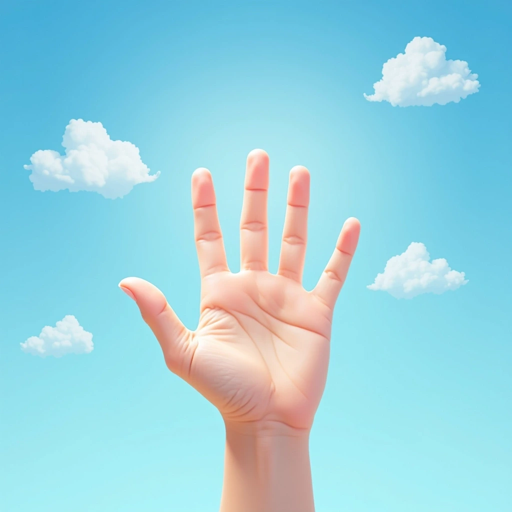 Design an image featuring a hand with fingers extended, palm facing upward, set against a bright blue sky with whimsical, fluffy clouds scattered throughout. The hand should have a light skin tone, and the background should include a few rays of sunlight streaming through, creating a cheerful atmosphere. Adjust the angle of the hand to a slight diagonal for a more dynamic composition.
