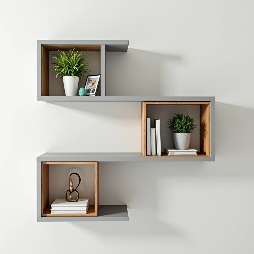 Create a floating shelf design that features an asymmetrical layout. Use a light gray finish for the main shelves, incorporating two accent boxes in a warm oak color. The shelves should be arranged in a zigzag pattern, with the boxes slightly tilted to add visual interest. Instead of plants, include decorative items like picture frames and small books for a modern touch. Remove any brand references for a clean aesthetic.