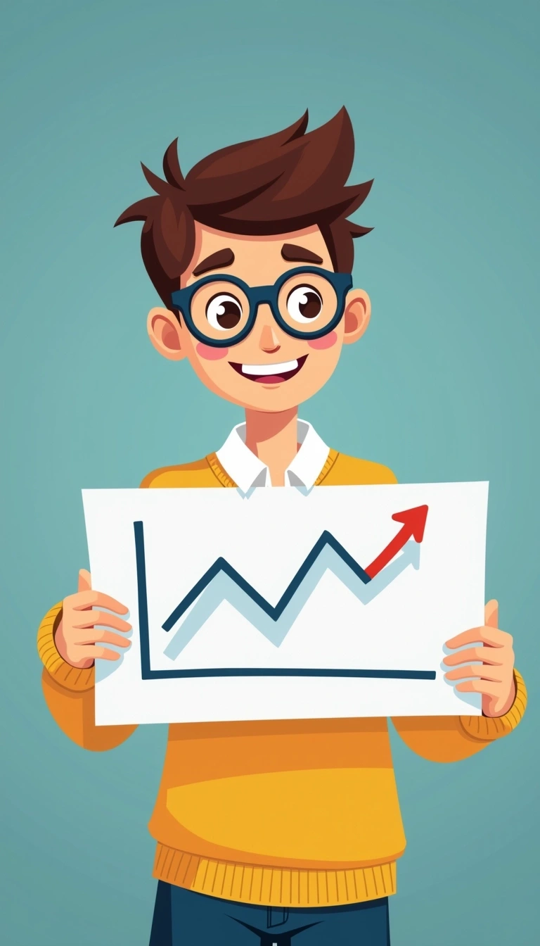 Create a cartoon character with short, spiky hair and wearing round glasses. The character is smiling and presenting a flip chart that shows a fluctuating blue line graph instead of a red one. Change the background color to a gradient of light blue to dark blue. The character should be wearing a yellow sweater over a white shirt for a fresh look.