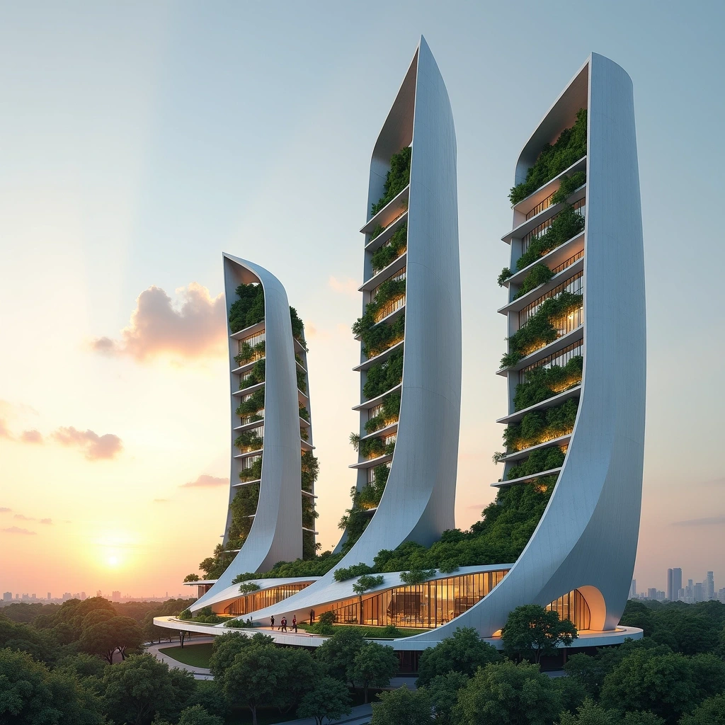 Design a skyline featuring three sleek, modern buildings with curved, flowing lines at the base. Remove brand references, and instead of a sunset, use a dawn setting with soft pastel colors in the sky. Alter the building facades to include a mix of glass and vertical green elements, giving a more organic feel. The buildings should taper slightly towards the top, creating a harmonious silhouette against the horizon.