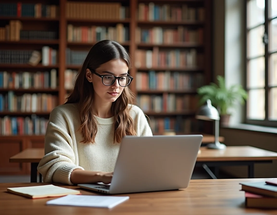 Create an image of a young woman seated at a large wooden table in a cozy, softly lit library. She’s intently focused on a sleek laptop in front of her, wearing a light sweater and round glasses. The background features tall bookshelves filled with books, and gentle light filtering through large windows. A few scattered books and a vintage lamp on the table add to the inviting atmosphere. Adjust the color palette to warm tones, enhancing the sense of comfort and concentration.