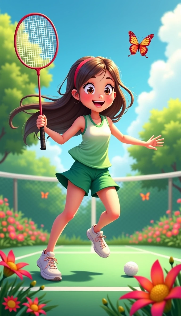 Create an image of a young girl playing badminton in a vibrant outdoor setting. She should have a joyful expression, with long, flowing hair, wearing a stylish sports outfit in shades of green and white. Surround her with a variety of colorful wildflowers and butterflies fluttering in the background. The badminton court can be depicted with a bright, sunny sky overhead and trees in the distance. Include a shuttlecock instead of a ball on the court, and ensure the overall tone feels energetic and cheerful.