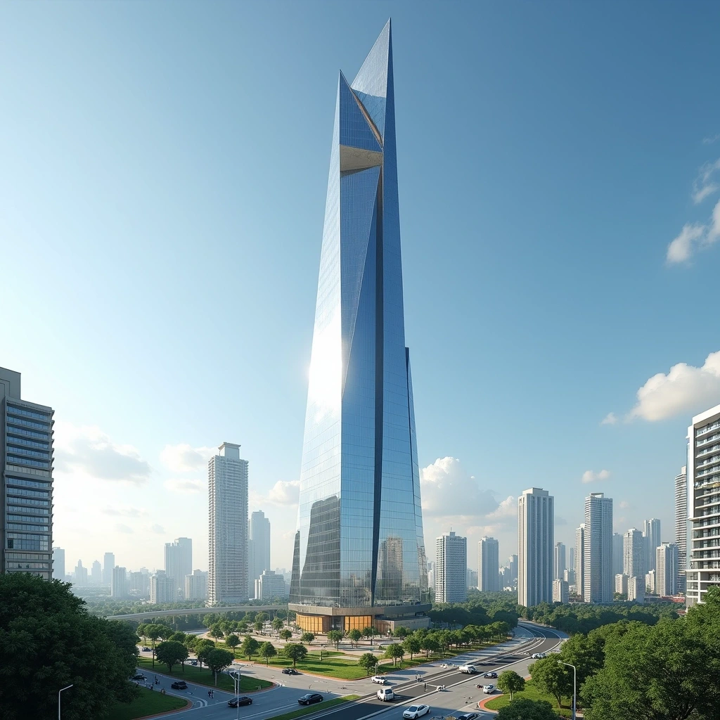 Create an image of a futuristic skyscraper with a sleek, angular design. The building should have a reflective glass facade that catches sunlight, with an exaggerated height and a pointed top. Surrounding the tower, integrate a bustling urban environment featuring green spaces, modern low-rise buildings, and construction activity, but remove any brand references or logos. Set the scene under a clear blue sky, emphasizing the vibrant city life below.