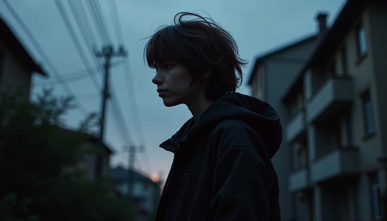Create an image of a young person with tousled medium-length hair, standing in profile with their head tilted slightly upward. They wear a simple, loose-fitting black jacket that features a subtle pattern instead of brand logos. The background is a moody, urban setting at twilight, with dark silhouettes of buildings and a hint of overgrown foliage, giving a sense of introspection and tranquility. Adjust the color palette to include deep blues and greys, enhancing the atmospheric feel.