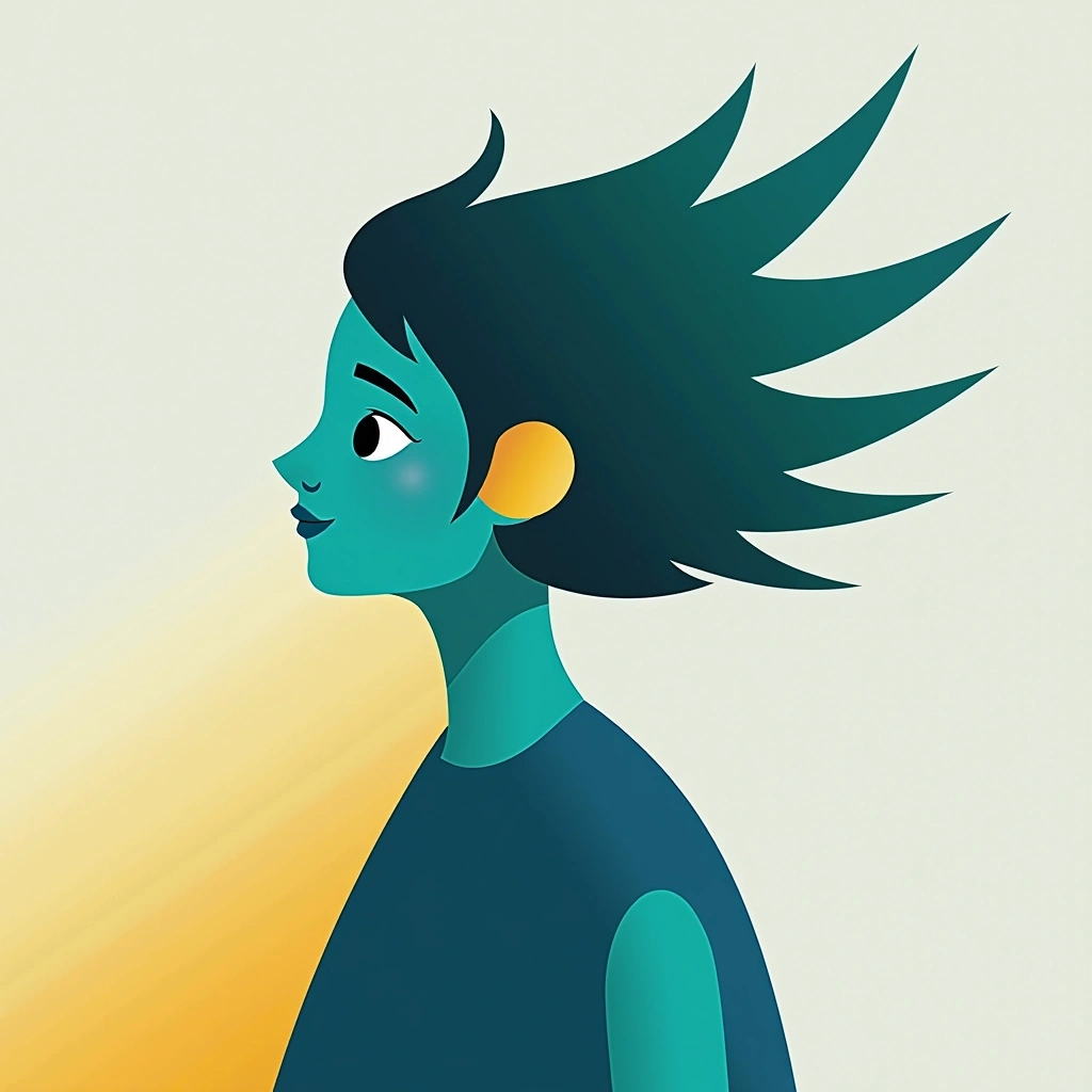 Create an abstract image featuring a pixelated silhouette of a figure with a more dynamic hairstyle, using a color palette of vibrant blues, greens, and yellows. The background should be a soft gradient transitioning from light gray to white. Remove any identifiable features and ensure the overall design has a playful, modern aesthetic without any brand references.