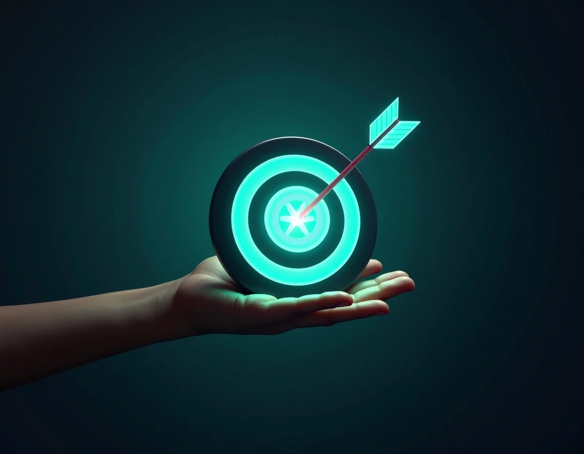 Create a design featuring a glowing, stylized target in a vibrant color palette, held in an open hand against a dark gradient background. The target should have concentric rings but instead of black and white, use shades of blue and green. Replace the arrow with a glowing starburst effect positioned at the center of the target. Ensure there are no brand references or logos visible in the design.