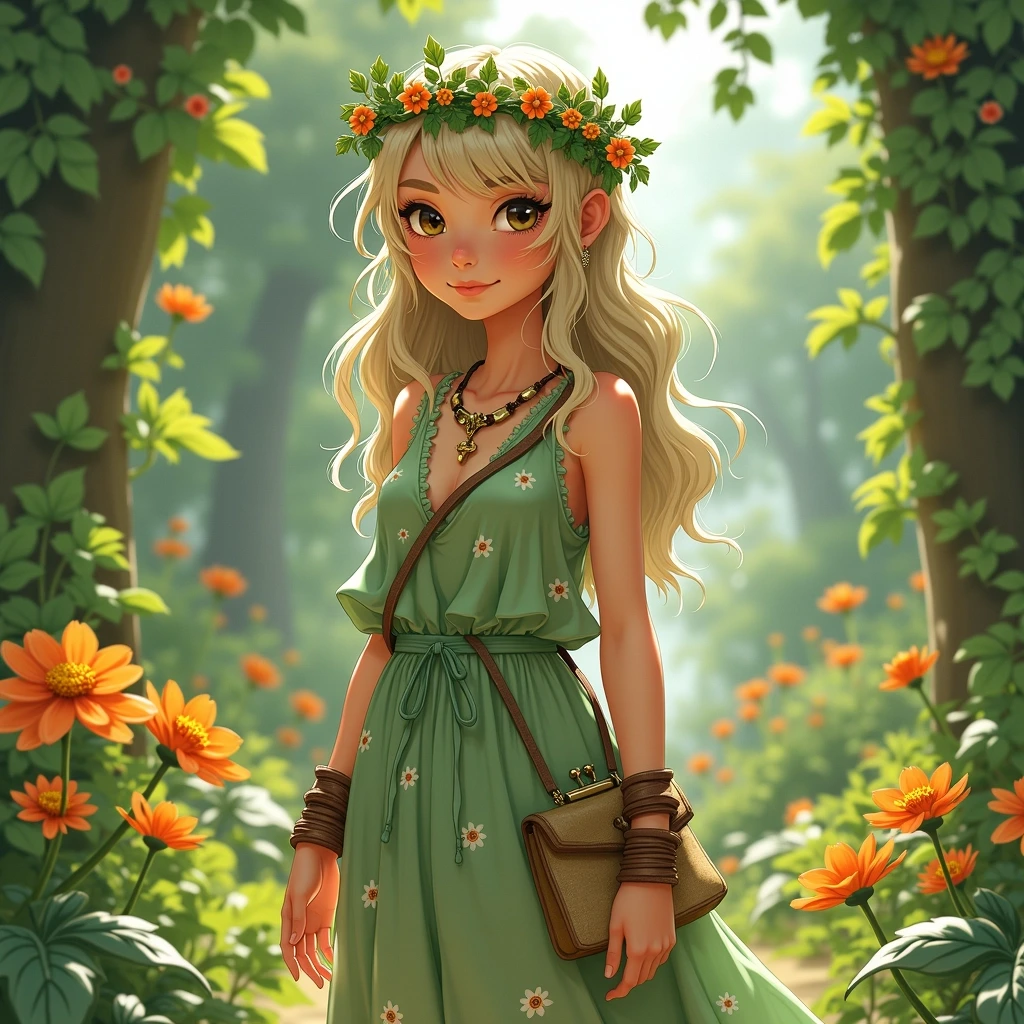 Create an alternative design featuring a character in a whimsical, nature-inspired outfit. Change the outfit to a flowing, layered dress made of light green and earthy tones, with floral patterns. Replace the headpiece with a crown made of intertwined vines and flowers. Instead of sheer materials, use fabrics that have a textured, organic feel. The accessories could include wooden bangles and a small, natural-looking pouch. The setting should be a lush garden with vibrant flowers and greenery in the background.