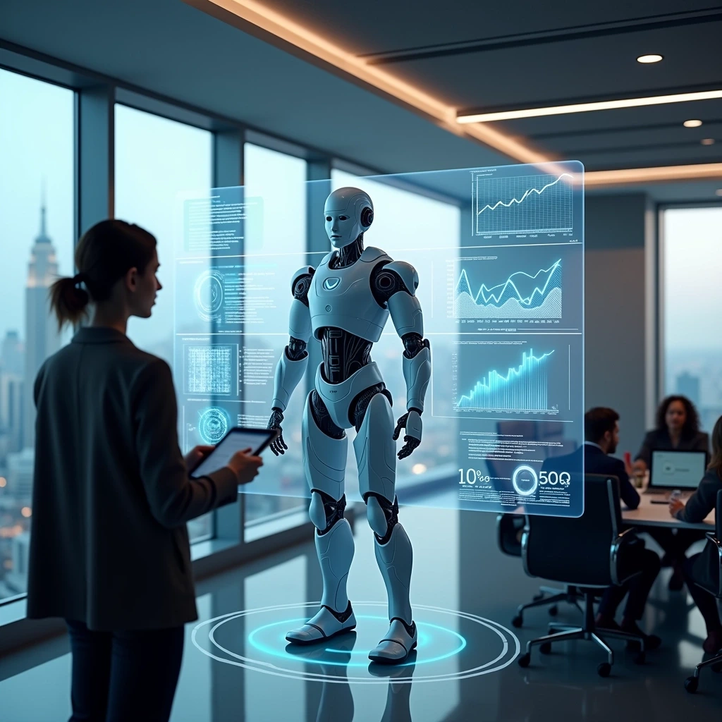 Create a futuristic office scene featuring a humanoid robot displayed prominently in a holographic interface. The robot should have a sleek design with a smooth, metallic surface and LED accents. Surrounding it, various panels display abstract data visualizations, like waveforms, and multiple graphs with upward trends. Replace the human in the image with a diverse individual interacting with the holographic displays, holding a tablet. The environment should feature large windows showing a city skyline, with soft, ambient lighting casting a modern, professional atmosphere.