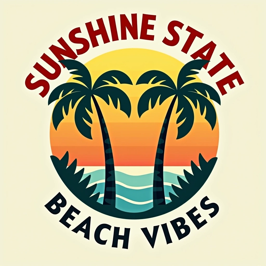 Create a circular design featuring two stylized palm trees with a sun rising behind them. The background should have a gradient transitioning from orange to a soft yellow at the top. Below the sun, include a wavy blue line representing water, and add subtle greenery in shades of green at the bottom. The text above the circle should read "SUNSHINE STATE" in a bold, artistic font, while at the bottom, use a playful font for "BEACH VIBES."