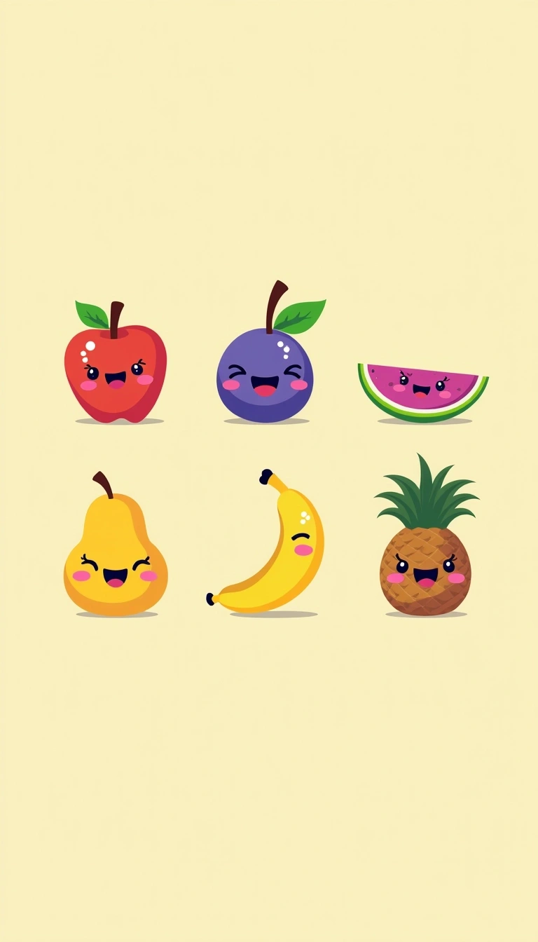 Create an illustration featuring a grid of cute, cartoon-style fruits with smiling faces.
1. **Fruits to Include**:
- Replace the lemon with a bright orange.
- Change the pear to a blue raspberry.
- Swap the red apple with a purple plum.
- Use a yellow banana and add tiny sparkles for a playful touch.
- Include a slice of purple watermelon with a happy face.
- Replace the pineapple with a cheerful coconut.
2. **Expressions**:
- Ensure all fruits have unique expressions: winks, smiles, and playful faces.
3. **Background**:
- Use a light pastel background (e.g., pale yellow) to enhance the colors of the fruits.
4. **Layout**:
- Arrange the fruits in a 3x4 grid, maintaining equal spacing between each.
5. **Color Palette**:
- Use vibrant, eye-catching colors for each fruit, focusing on saturation and warmth to create a friendly vibe.
This design should evoke a fun, cheerful atmosphere while being distinct and original.