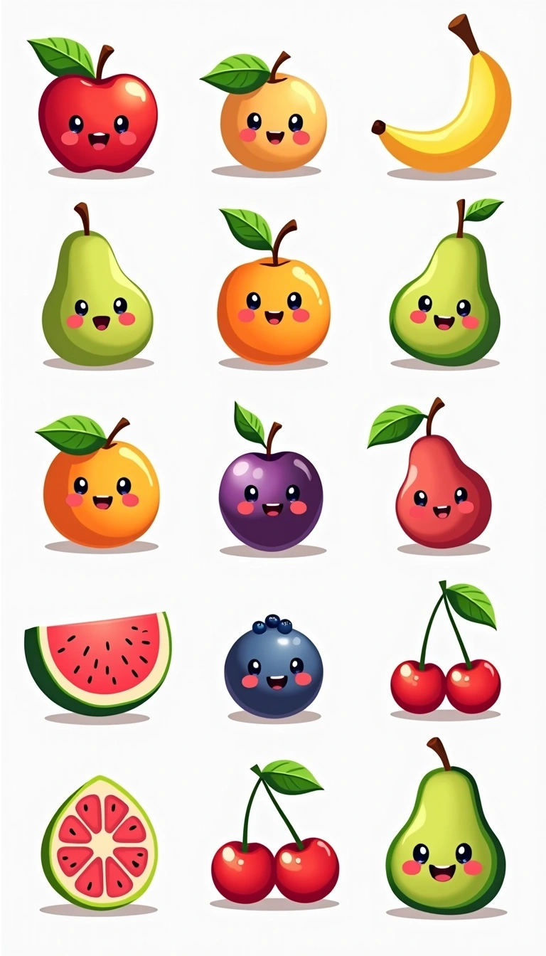 Create a colorful illustration of cute, cartoon-style fruits with smiling faces. Include:
1. A red apple with a playful wink.
2. A yellow banana with cheerful eyes.
3. A green pear with a mischievous grin.
4. An orange with a happy expression.
5. A purple plum with a silly face.
6. A blue berry with large, joyful eyes.
7. A whole watermelon slice showing a broad smile.
8. A vibrant pink grapefruit with a cheeky smirk.
9. Three cherries stacked together, all smiling.
10. A green avocado with a tiny face in the pit, looking happy.
Arrange them in a grid format, ensuring they are visually appealing and colorful, without any brand references.
