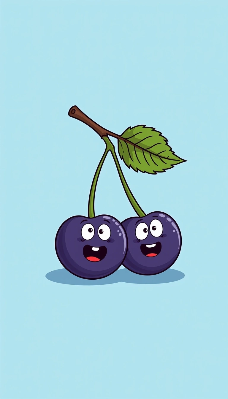 Create an illustration of two playful, cartoon-style blueberries instead of cherries. Change the background to a light blue color and replace the smiling faces with surprised expressions. The stem should be a darker shade of brown, and the leaves should be a vibrant green with a more textured appearance.