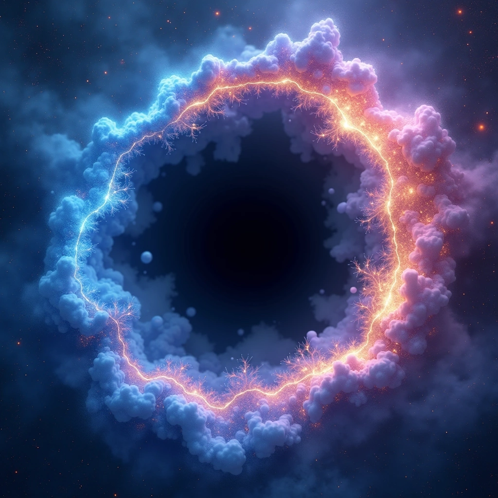 Create an image featuring a vibrant cosmic scene with a swirling nebula surrounding a dark circular void in the center. Replace the original color palette with electric blues and bright purples, and introduce shimmering stars scattered throughout the background. Add hints of gold and silver in the swirling edges to enhance depth. Ensure the nebula has a more fluid, wave-like structure, resembling soft flames, while maintaining a mystical, otherworldly atmosphere.