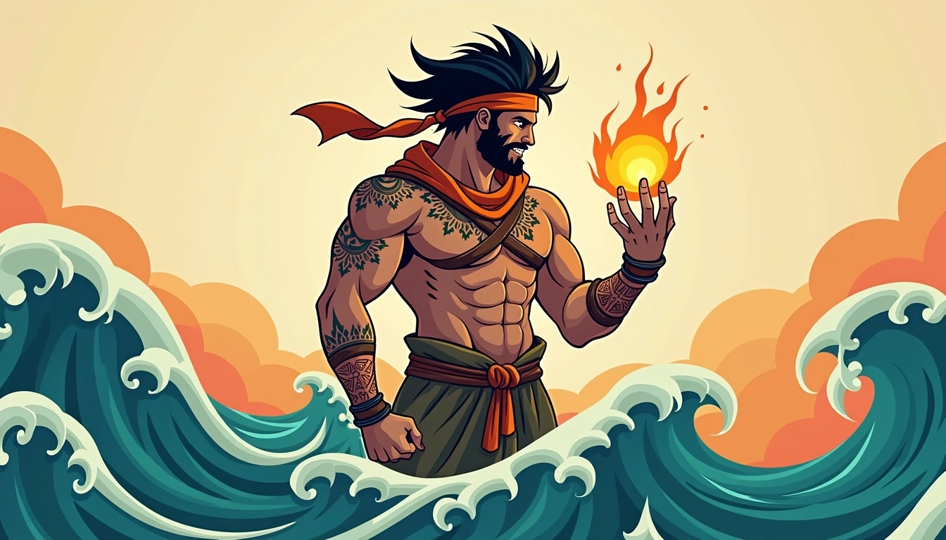 Create an illustration of a fierce warrior with medium-length, spiky hair and a bandana around his forehead. He is wearing a sleeveless tunic with intricate patterns and has tribal tattoos on his arms. Replace the brand emblem he is holding with a swirling, mystical orb. The background should feature dynamic, abstract waves in vibrant teal and orange, contrasting against a beige backdrop, emphasizing a sense of energy and movement.