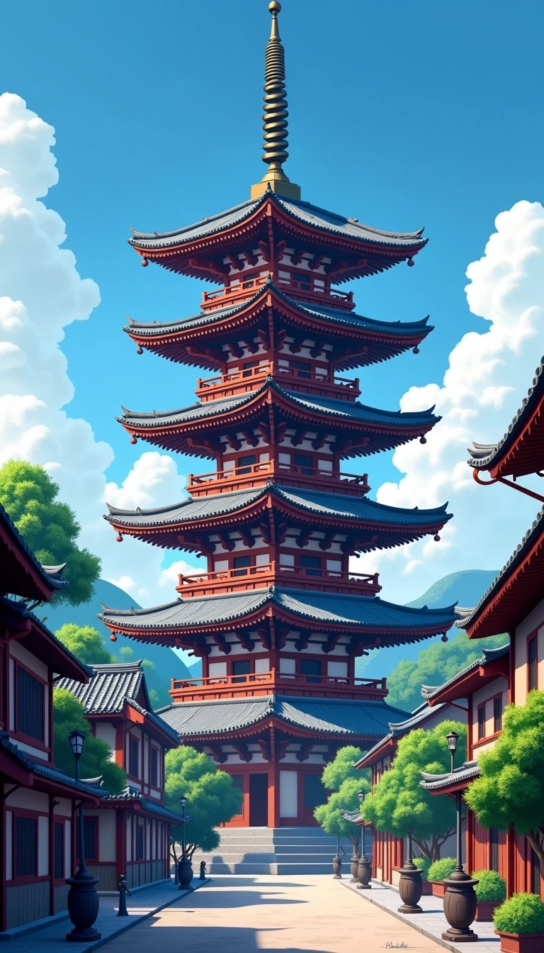 Design a five-tiered pagoda with a pointed roof design, featuring a twisted ornament at the top. Surround the pagoda with traditional wooden buildings, each with curved roofs and small circular windows. Replace the background with a vibrant blue sky dotted with fluffy white clouds. Integrate trees with green foliage in the foreground, and add street lamps with a vintage style. Ensure no brand references are included in the design.