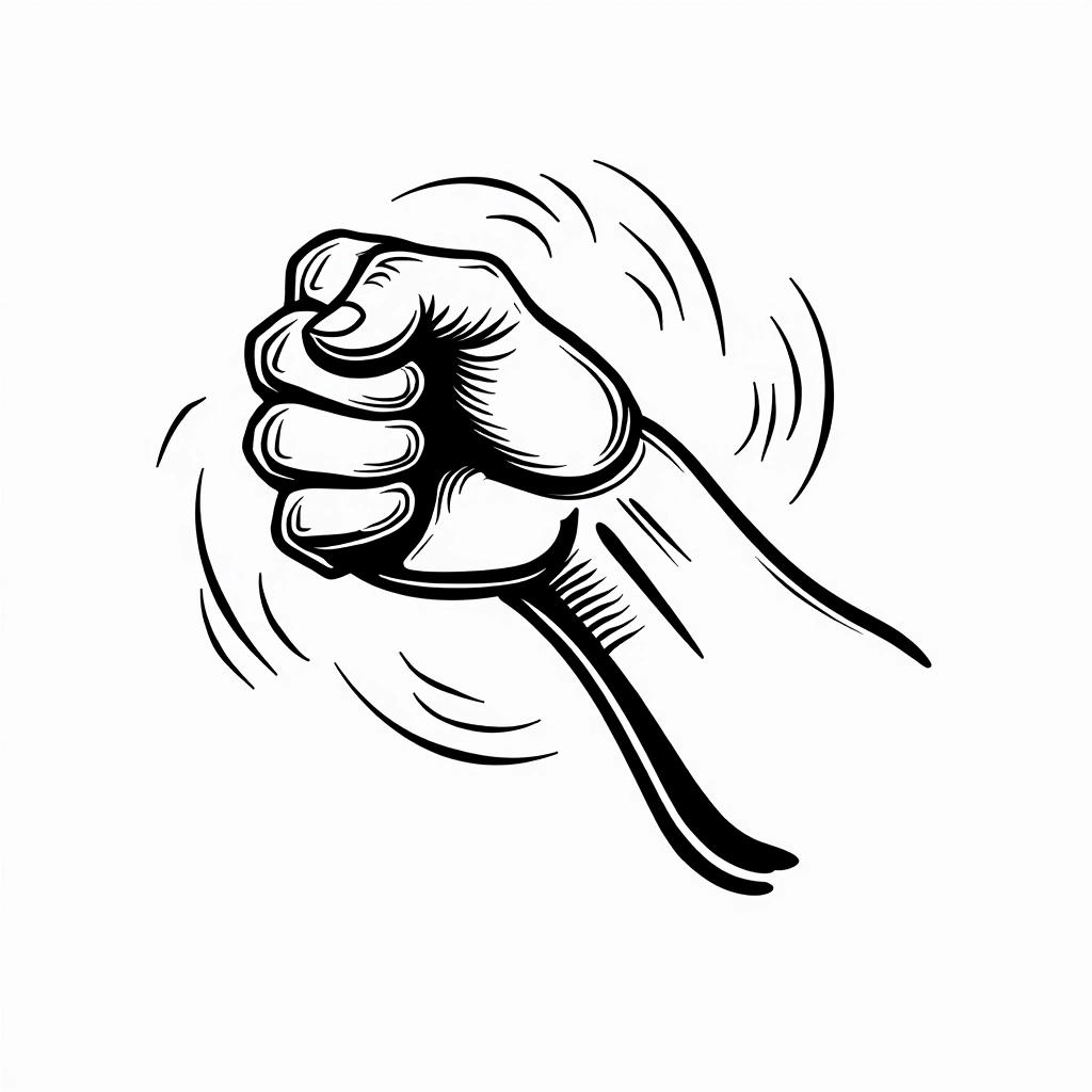 Create a black-and-white illustration of an outstretched hand with fingers curled into a fist, showing strong muscular definition. Modify the knuckle details to appear smoother and add swirling lines around the hand to convey motion or energy. Place the hand against a plain white background for contrast. Avoid any brand references and ensure the overall design emphasizes strength and engagement.