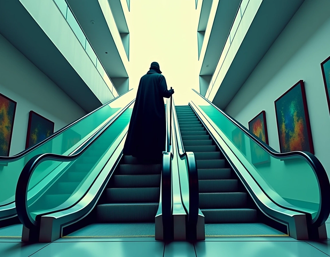 **Prompt:**
Create an image of a person ascending an escalator in a modern indoor environment. The person should wear a flowing cloak and have a cane. Change the color scheme to a vibrant hue, such as bright blue or green, instead of black and white. The escalators should have a sleek, metallic finish and the surrounding walls should be adorned with abstract art. Remove any brand references and ensure the setting does not suggest any specific commercial establishment.