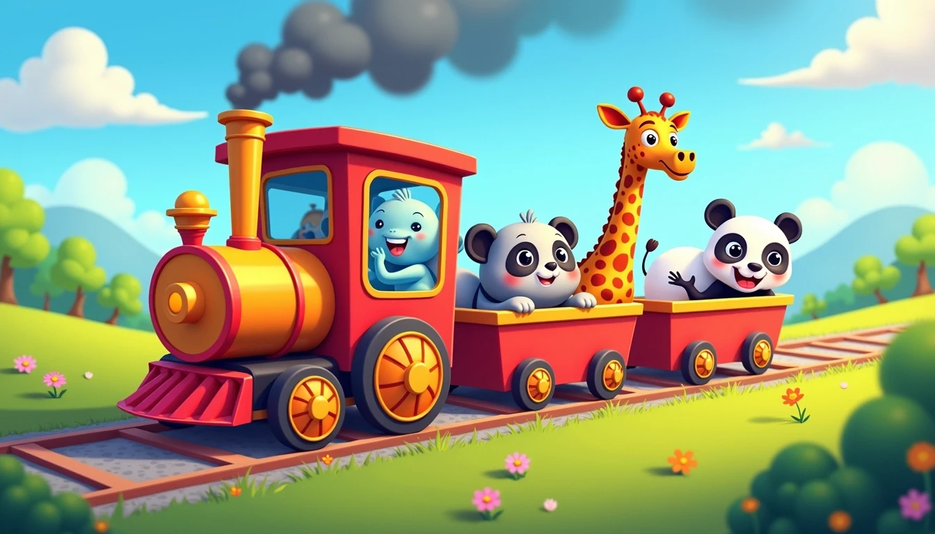 Vibrant cartoon scene featuring a colorful train