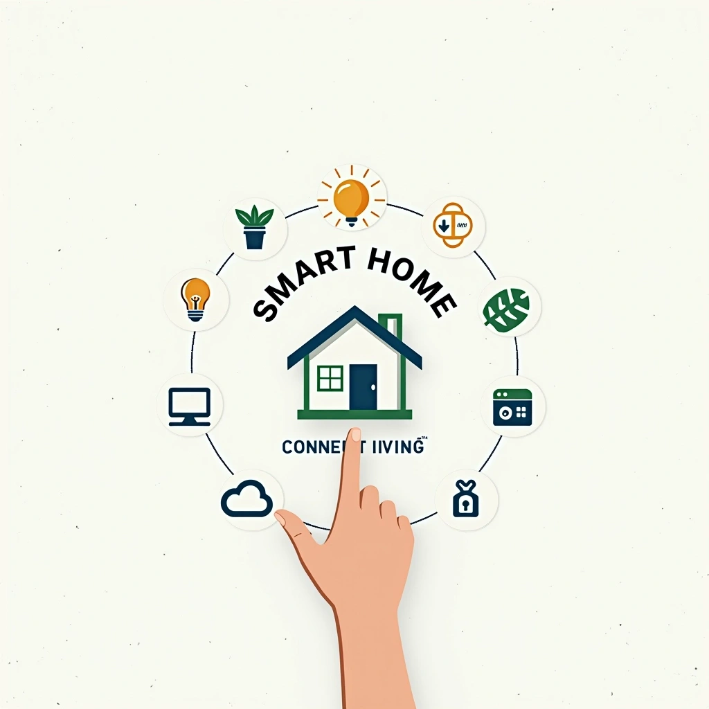 **Design Breakdown Prompt:**
1. **Main Visual Element**: Replace "SMART HOME" with "CONNECTED LIVING".
2. **Central Icon**: Change the house icon to a generic building outline.
3. **Surrounding Icons**:
- Replace the camera icon with a plant icon.
- Change the light bulb to a sun icon.
- Substitute the thermometer with a weather icon.
- Adjust the lock icon to a key icon.
- Change the computer to a tablet icon.
- Modify the cloud upload icon to a download arrow.
4. **Color Scheme**: Use a softer pastel palette instead of stark colors.
5. **Background**: Shift to a textured light gray background instead of plain.
6. **Text Style**: Utilize a modern sans-serif font and change text color to a muted tone.
7. **User's Position**: Alter the hand position to show a finger pointing at the phone screen.
This will create a fresh, unique representation of a tech-savvy lifestyle without brand references.