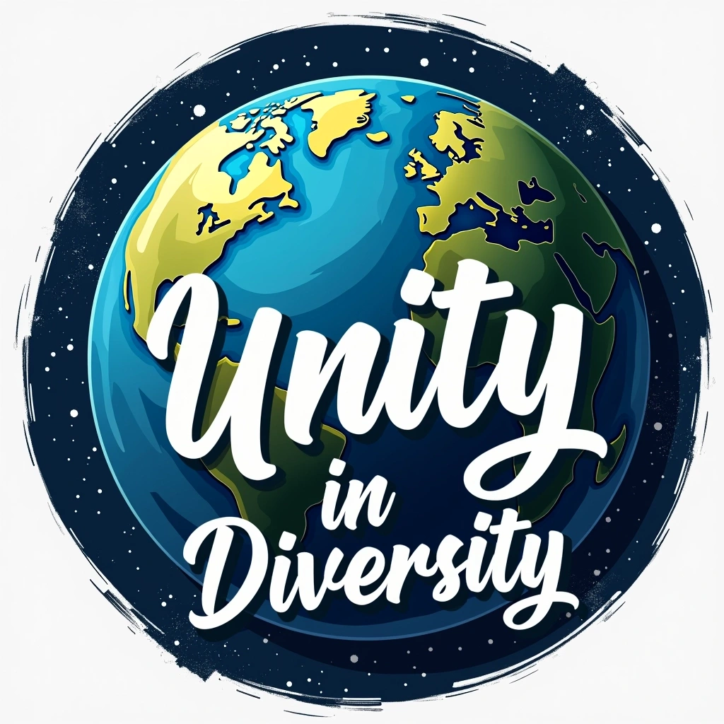 Design a circular image of the Earth as viewed from space, featuring a blue and green color palette for the planet. Overlay the image with large, bold, sweeping brushstroke text in a contrasting color, with a motivational phrase such as "Unity in Diversity." Ensure the text is prominent but does not obscure the planet's details. Adjust the text style to be modern and dynamic, perhaps with a slight tilt for added energy.