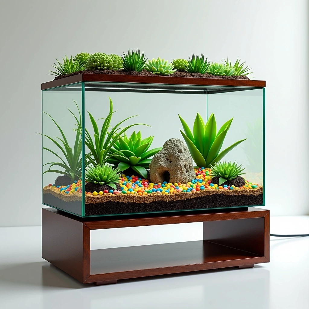 Design a modern tabletop aquarium that features a minimalistic rectangular glass structure for the tank, filled with colorful pebbles and submerged plants. Remove the brand elements and modify the top area to include small, diverse succulents instead of orchids, arranged atop a textured soil layer. The stand should be sleek, made of polished wood with a simple geometric design, and the base can include an open shelf for decorative items. Eliminate any visible wiring for a clean look.