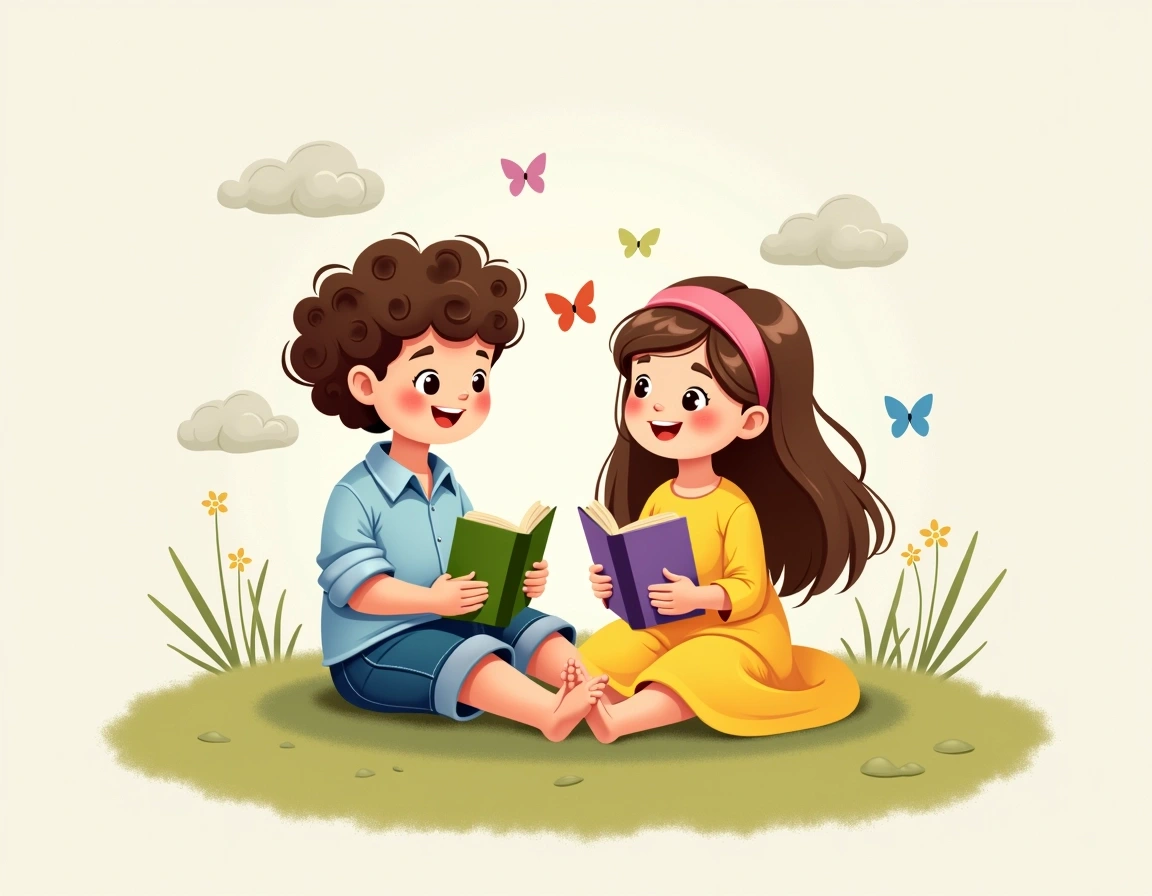 Design a whimsical illustration featuring a boy and a girl sitting on a soft, grassy surface. The boy has curly hair and is wearing a light blue shirt with rolled-up sleeves and denim shorts. He is holding a green book. The girl has long, straight hair with a pink headband, wearing a vibrant yellow dress and is holding a purple book. They are smiling at each other, surrounded by a light pastel background with subtle clouds and butterflies fluttering around them.